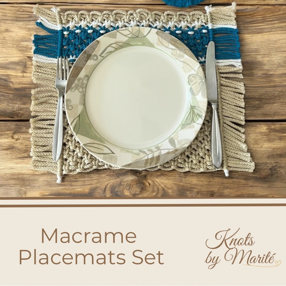 HANDMADE MACRAME PLACEMATS SET OF 4 - BOHO TABLE DECOR IN NEUTRAL & TEAL